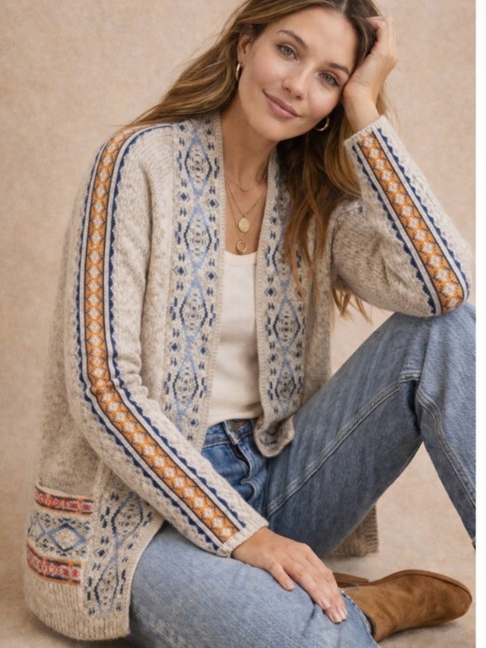 Lucky Brand Cozy Fair Isle Open Cardigan Sweater in tan with Blue & Orange -XL